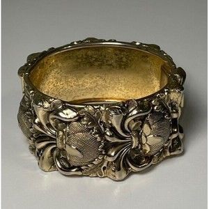 Vintage Whiting & Davis Repousse Gold Tone Hinged Bangle Bracelet Safety Chain